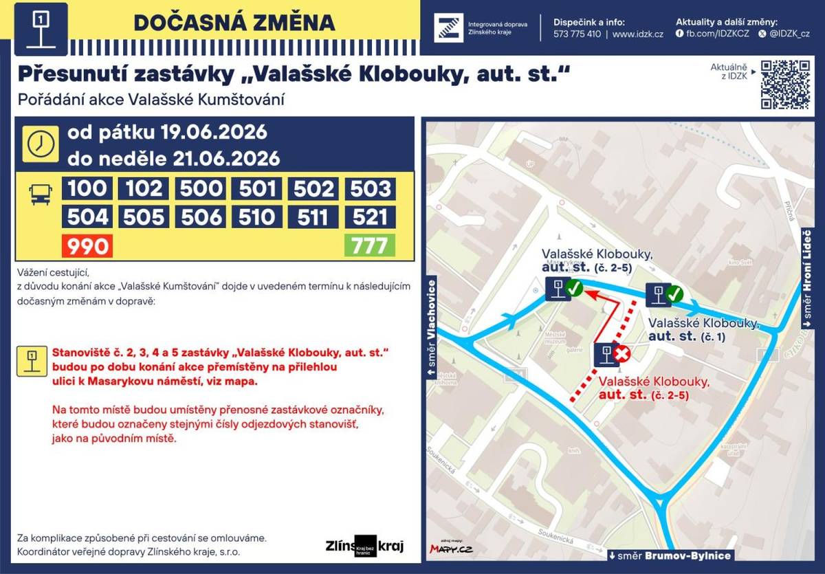 Přesunutí zastávky ,,Valašské Klobouky"  Pořádání akce Valašské Kumštování  19.6.-21.6.2026