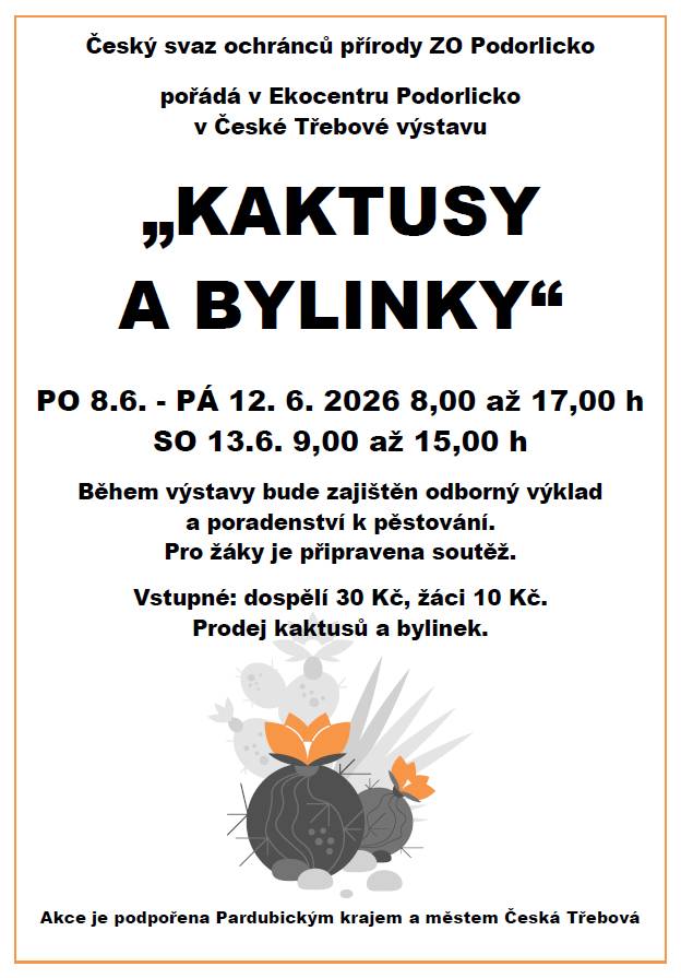 Pozvánka Českého svazu ochránců přírody ZO Podorlicko na výstavu na téma: "Kaktusy a bylinky".