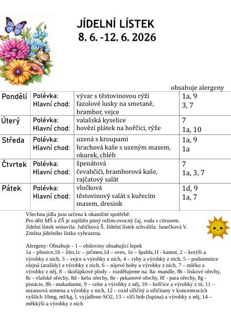 Jídelní lístek od 8. 6. do 12. 6. 2026
