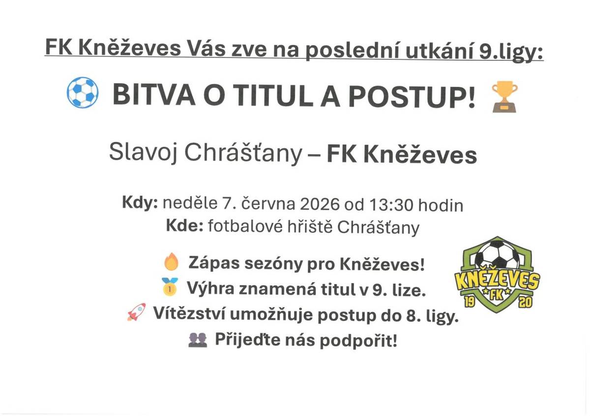 FK Kněževes zve všechny fanoušky fotbalu na poslední zápas