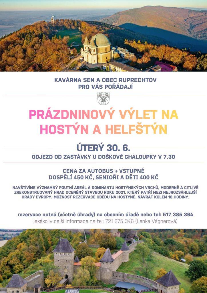 Kavárna SEN a obec Ruprechtov zvou na společný prázdninový výlet na Svatý Hostýn a hrad Helfštýn. Výlet se uskuteční v úterý 30. června 2026.
