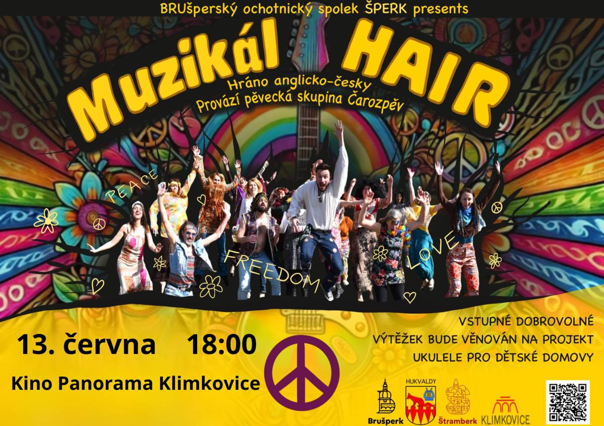 Brušperský ochotnický spolek ŠPERK uvádějí muzikál HAIR.  V sobotu 13. 6. 2026 v 18:00 v Kině Panorama Klimkovice