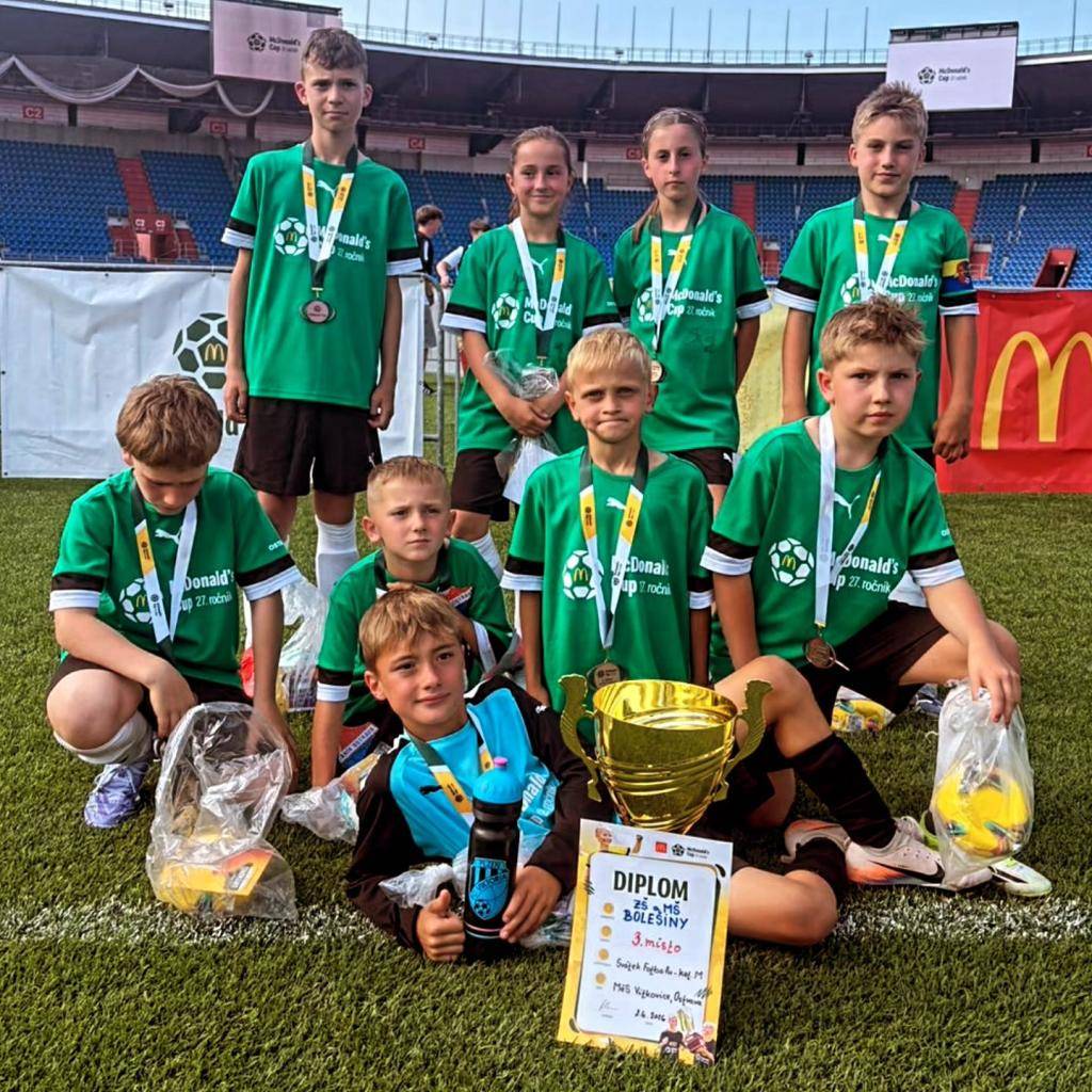 Žáci z bolešinské ZŠ a MŠ dosáhli obrovského úspěchu v celostátním finále McDonald's Cupu 2026 v Ostravě, odkud si 2.6.2026 odvezli medaile za 3. místo v kategorii M.