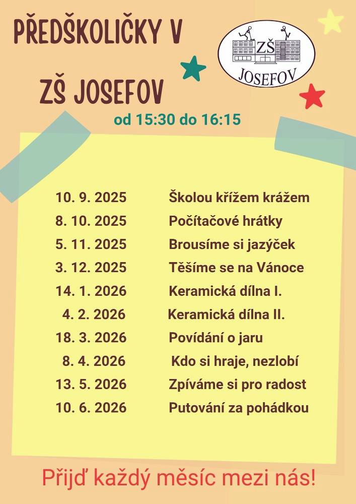 Přijďte na měsíční akce pro předškoláky ve ZŠ Josefov, které začínají 10. září 2025 a pokračují až do června 2026. Každý měsíc se můžete těšit na nové zábavné a vzdělávací aktivity pro děti.