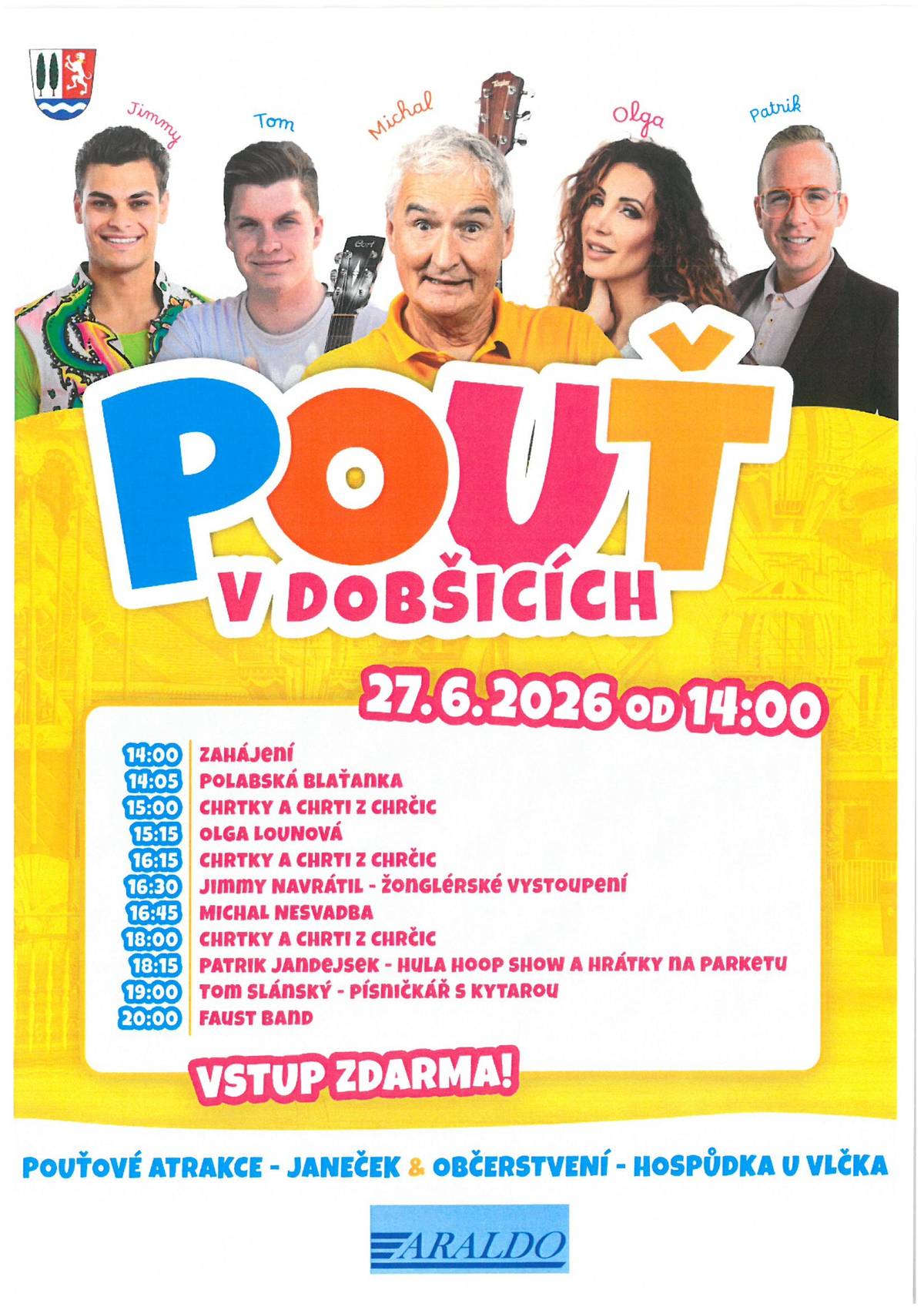 Obec Dobšice Vás zve 27.6.2026 na pouťové oslavy v obci. Od 14 hodin bude na místním hřišti připraven bohatý program a pouťové atrakce. Občerstvení zajištěno. Těšíme se na Vás
