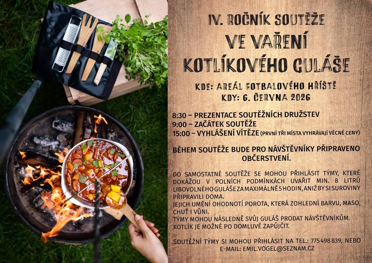 Chcete si užít chuťově vyladěnou sobotu? Pak jste srdečně zváni na IV. ročník Soutěže ve vaření kotlíkového guláše, který se uskuteční již tuto sobotu 6. června ve Sportovním areálu ve Starém Městě. Soutěž začíná od 9.00 hodin a vy můžete během dne ochutnávat, hodnotit práci týmů a hlavně podpořit svého favorita. Budeme se těšit.
