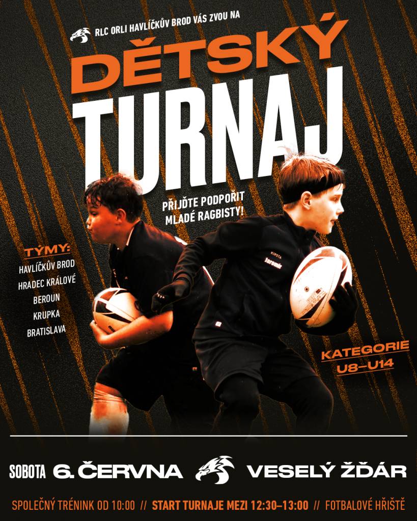 Dětský turnaj v rugby 6.6.. Od 10:00 společný trénink, samotný turnaj začne mezi 12:30-13:00. Těšit se můžete na týmy z celé republiky a měli by dorazit i junioři ze Slovenska. Hospoda s drobným občerstvením bude otevřena. Přijďte podpořit mladé rugbyové naděje. Mimo dětského turnaje bude i trénink