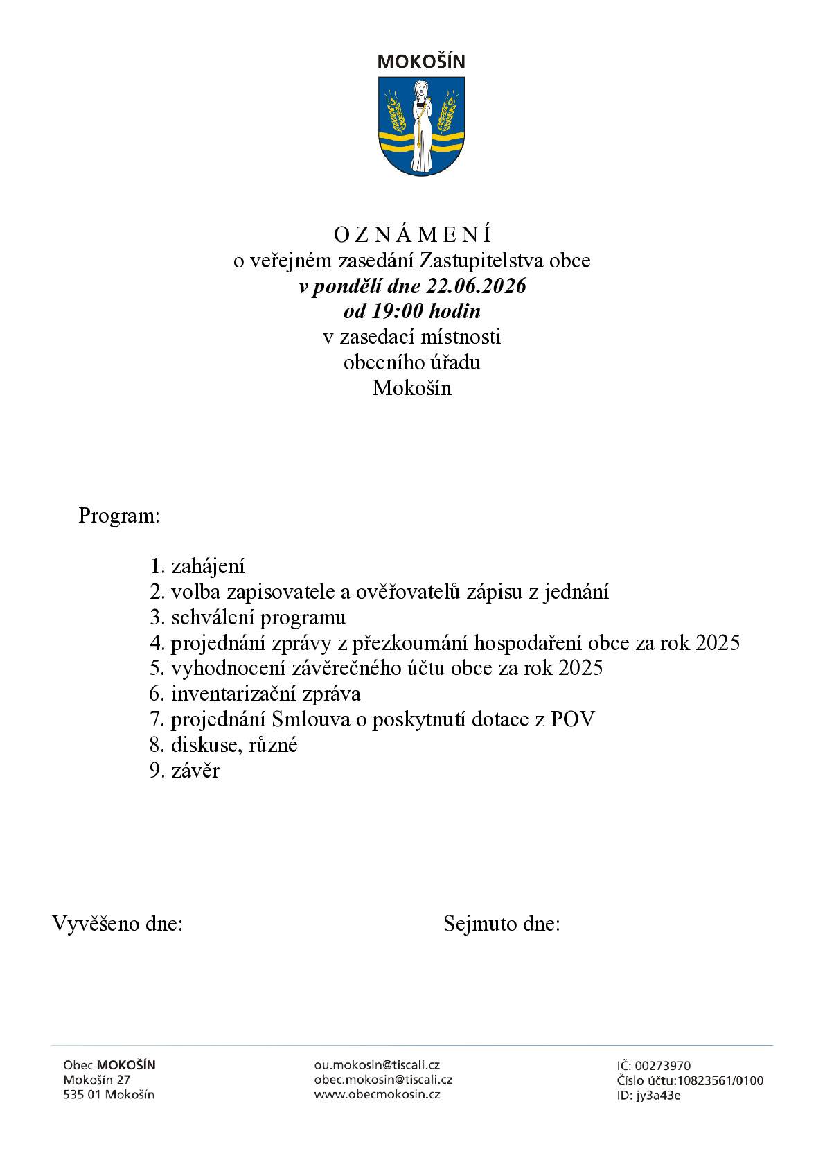 Pozvánka na zasedání ZO dne 22.06.2026 od 19:00 hod. v zasedací místnosti OÚ.