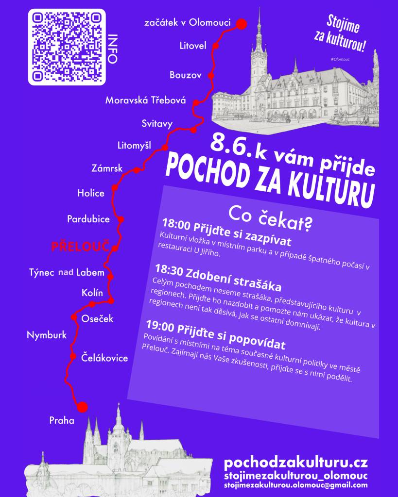 Přijďte podpořit studenty filmových a divadelních studií, kteří se vydali na POCHOD ZA KULTURU a v pondělí dorazí do Přelouče.   Od 18 hodin je připravený program v parku za školou.  Přijďte si popovídat na téma současné kulturní politiky.