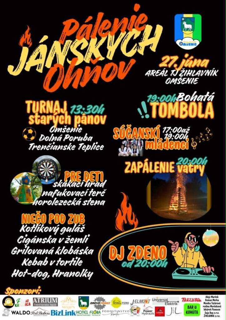 TJ Žihlavník Omšenie Vás pozýva na Pálenie jánskych ohňov v sobotu 27.júna 2026 od 13:30 hod. v areáli TJ Žihlavník Omšenie.