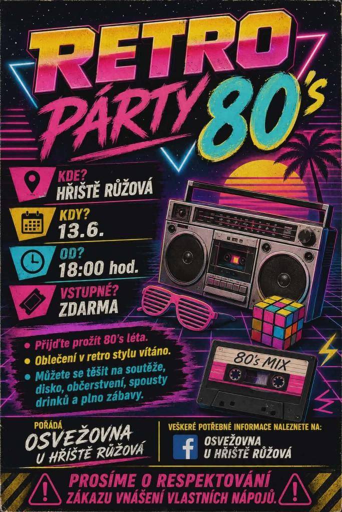 Na hřišti Růžová se koná zábavná akce, která nabídne soutěže, disko a občerstvení. Oblečení v retro stylu je vítáno, takže si můžete přinést kousek nostalgie. Připravte se na spoustu drinků a zábavy, kterou si užijete s rodinou a přáteli.