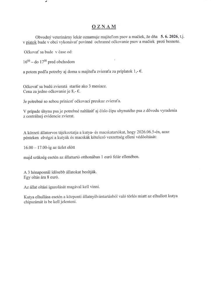 očkovanie psov a mačiek 5.6.2026