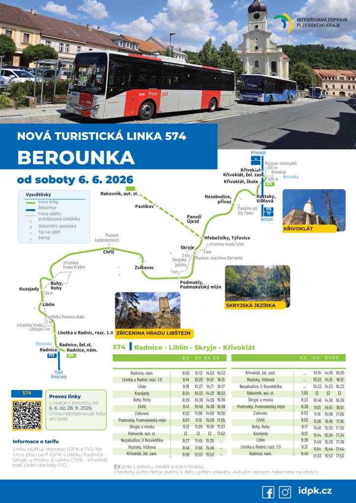 Nová linka 574 „Berounka“, která propojuje místa podél Berounky v Plzeňském a Středočeském kraji vyjíždí v sobotu 6. 6. 2026.