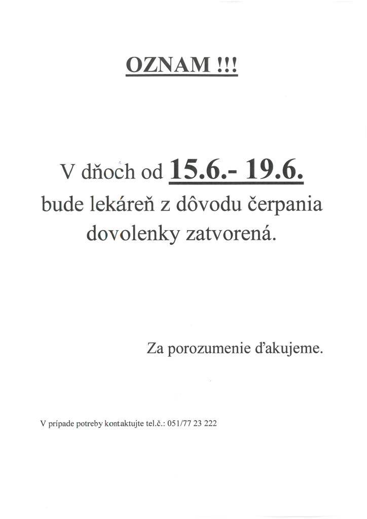 Lekáreň v Petrovanoch - dovolenka od 15.6.2026 do 19.6.2026