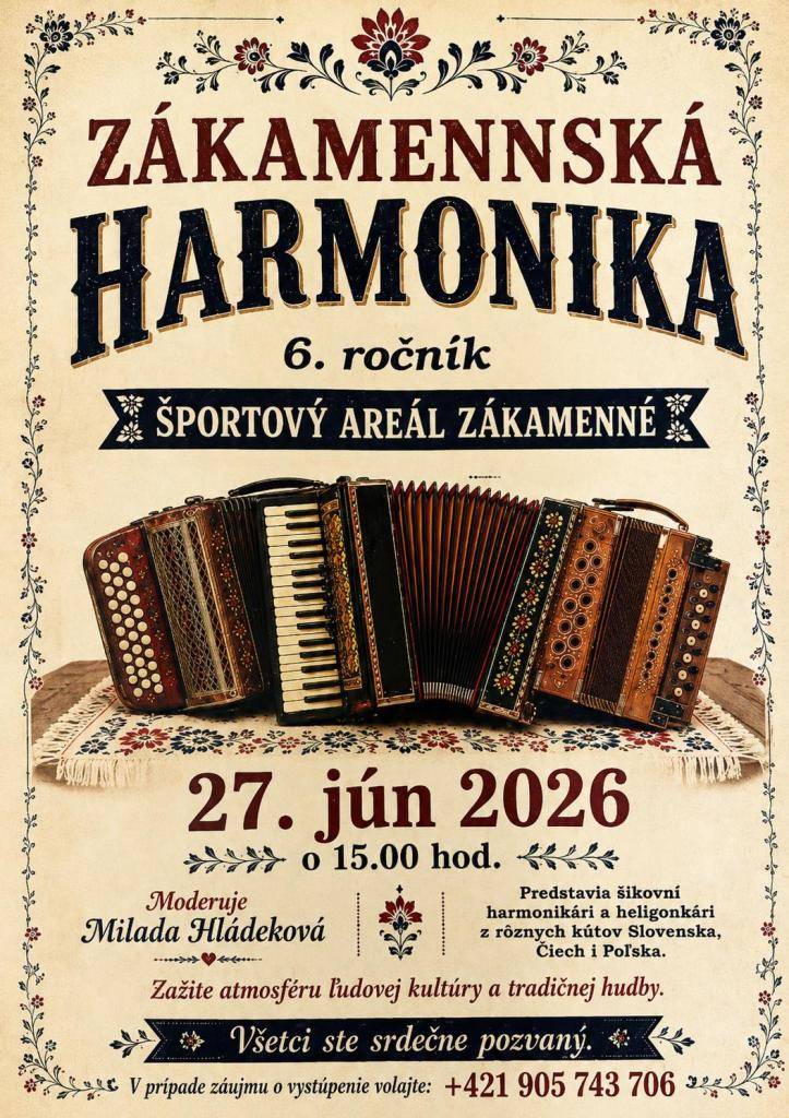 Príďte si vychutnať jedinečné popoludnie plné ľudovej hudby, dobrej nálady a harmonikárskeho umenia. Predstavia sa talentovaní harmonikári a heligonkári z rôznych kútov Slovenska, Česka aj Poľska.