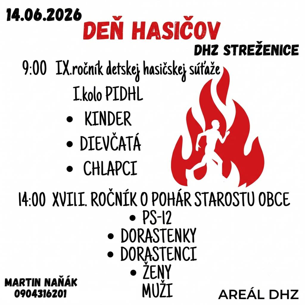 Dobrovoľný hasičský zbor Streženice vás srdečne pozýva na Deň hasičov, ktorý sa uskutoční v nedeľu 14. júna 2026 v Areáli DHZ. Čaká nás deň plný napínavých súťaží, skvelých výkonov a hasičskej tradície. Príďte povzbudiť malých aj veľkých bojovníkov!