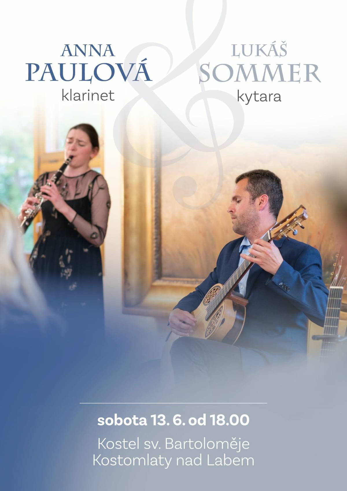 Srdečně Vás zveme na koncert do kostela sv. Bartoloměje v Kostomlatech nad Labem, který se uskuteční v sobotu 13. června od 18.00 hodin. Vystoupí Lukáš Sommer na kytaru a Anna Paulová na klarinet. Vstupné je 200 Kč a vstupenky je možné zakoupit již nyní na obecním úřadu nebo přímo na místě.