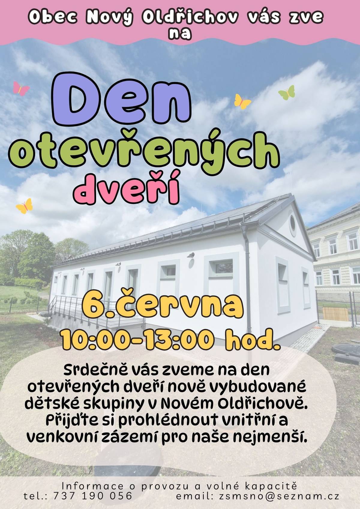 Přijďte se podivat v sobotu 6. června od 10:00 hodin na novostavbu dětské skupiny v Novém Oldřichově. K prohlídce budou interiéry i zahrada. Návštěvníky čeká drobné občerstvení a dobrá káva. Zodpovíme všem jakékoliv dotazy a ve 13:00 hodin za přítomnosti hejtmana Libereckého kraje Martina Půty slavnostně předáme dětskou skupinu do užívání oldřichovské škole.