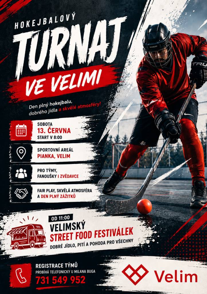 V sobotu 13. června se sportovní areál Pianka ve Velimi promění v centrum hokejbalového dění. Od 8:00 se můžete těšit na celodenní turnaj, který nabídne zajímavé zápasy a skvělou sportovní atmosféru. V rámci akce proběhne také Velimský Street Food Festiválek, který začne v 11:00 a nabídne chutné jíd