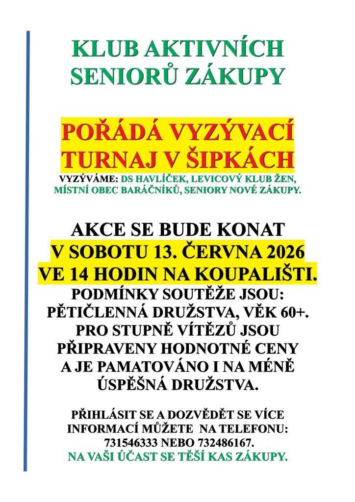 KAS Zákupy pořádá turnaj v šipkách. Akce se bude konat v sobotu 13. 6. 2026 ve 14.00 hodin na koupališti.