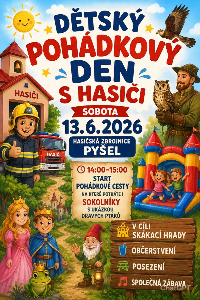 Pyšelští hasiči zvou rodiče s dětmi na sobotní odpoledne 13.6.2026. Připravena je pohádková cesta s ukázkou sokolníků a mnoho dalšího. Prosíme, aby rodiče si dohlédli na své děti.