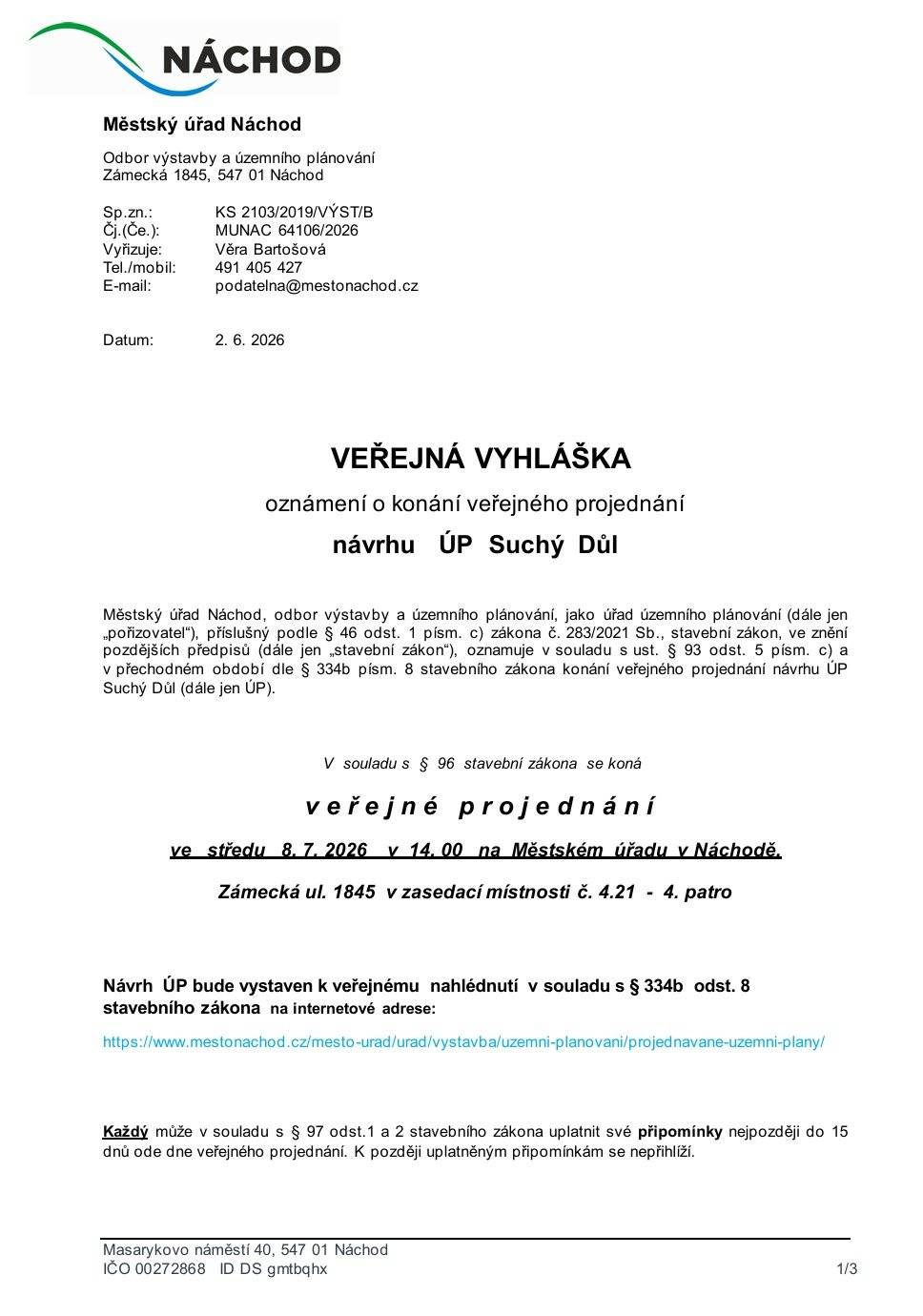 Středa 8. 7. 2026 ve 14h MěÚ Náchod