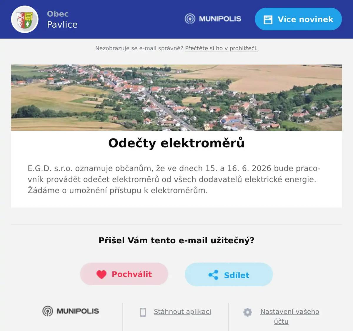 E.G.D. s.r.o. oznamuje občanům, že ve dnech 15. a 16. 6. 2026 bude pracovník provádět odečet elektroměrů od všech dodavatelů elektrické energie. Žádáme o umožnění přístupu k elektroměrům.