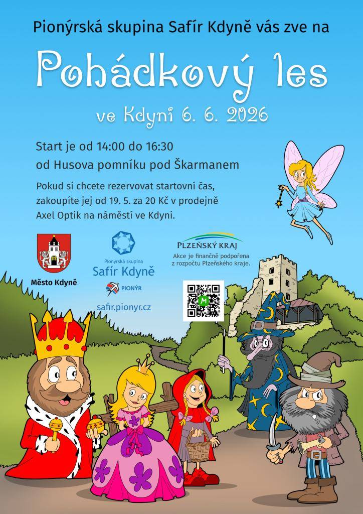 PS Safír Kdyně zve malé i velké na Pohádkový les, který se uskuteční tuto sobotu 6. června 2026. Startuje se v rozmezí 14:00-16:30 hodin od pomníku M. J. Husa pod Škarmanem. Na trase čeká na děti spousta pohádkových postav a jednoduchých úkolů.