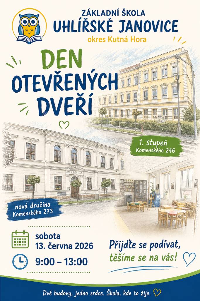 Základní škola Uhlířské Janovice Vás zve na  Den otevřených dveří, který proběhne dne 13. 6. 2026.