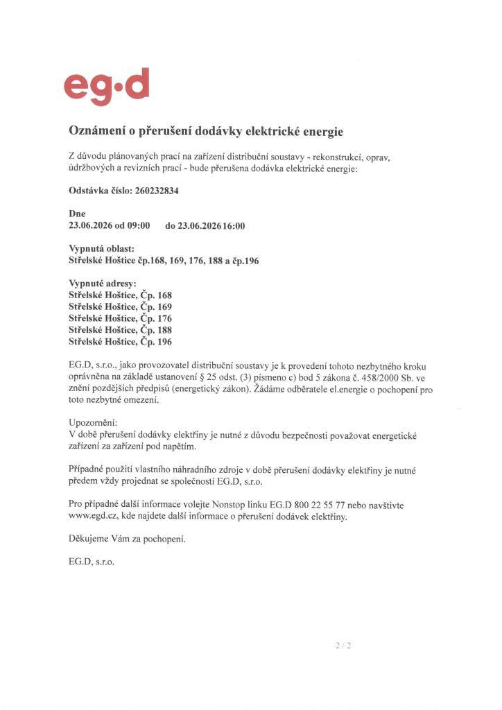 Oznámení o přerušení dodávky elektrické energie dne 23.06.2026 od 09:00 do 16:00