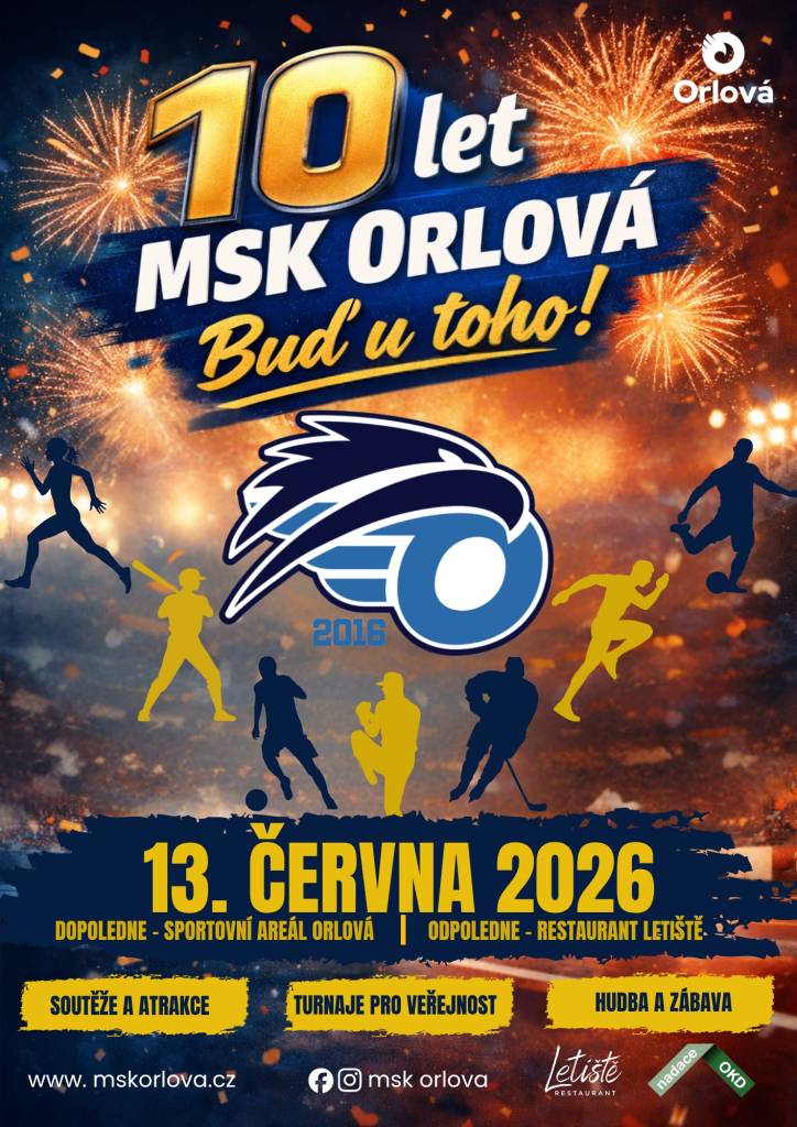 Městský sportovní klub Orlová slaví jubilejních 10 let a připravil si bohatý program pro veřejnost. V sobotu 13. června proběhnou v dopoledních hodinách turnaje pro veřejnost ve Sportovním areálu Orlová. Následně se oslavy přesunou na letiště, kde najdete zábavný program pro celou rodinu včetně tomboly, soutěží, občerstvení a h...