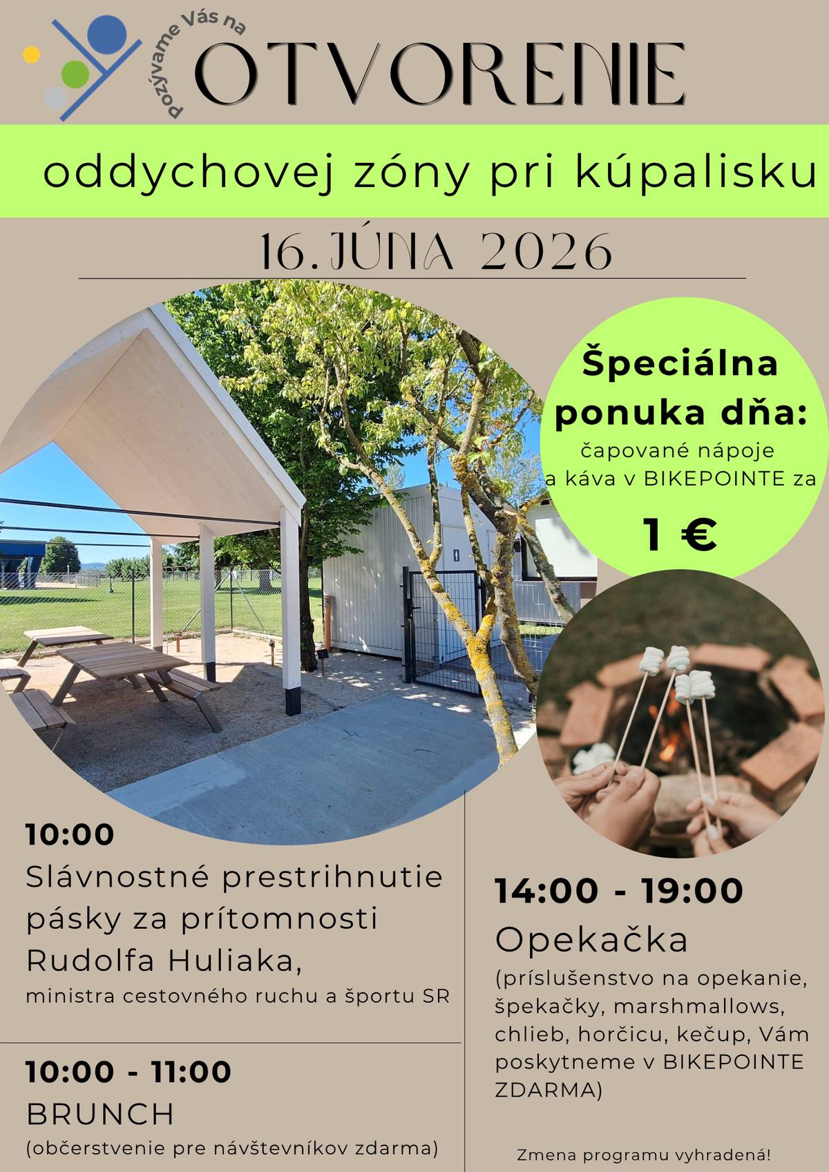 🏖️Oddychová zóna v Nemšovej...   ✌️...je pripravená otvoriť svoje brány všetkým cyklistom, chodcom a priaznivcom outdoorových aktivít...  🥪Pri príležitosti jej sprístupnenia verejnosti Vás pozývame na dopoludňajší brunch, počas ktorého bude k dispozícii občerstvenie pre návštevníkov zdarma...  🔥Zároveň Vás, v spolupráci s letným kúpaliskom, pozývame využiť novovytvorené ohnisko...  🍡V prevádzke BIKEPOINTU Vám poskytnú špekačky, marshmallows pre deti a ostatné príslušenstvo na opekanie...   🌳Možnosť posedenia môžete využiť v altánkoch umiestnených v priestoroch zóny, prípadne v cyklobufete...   🍻Počas dňa bude zvýhodnená cena čapovaných nápojov a kávy za 1 €...   👀Vidíme sa v utorok 16.6.2026 v lokalite medzi športovou halou a letným kúpaliskom...