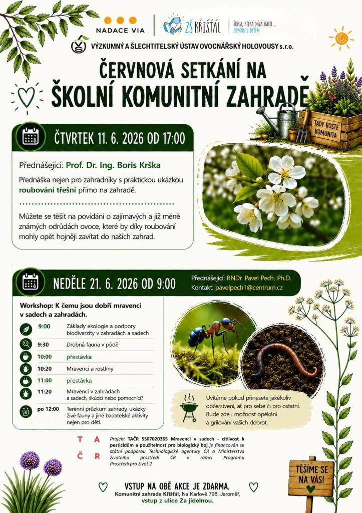 Zveme Vás na červnová setkání na komunitní zahradě Křišťál. Přednášející Prof. Dr. Ing. Boris Krška představí praktickou ukázku roubování třešní. Dále se RNDr. Pavel Pech, Ph.D. podělí o znalosti o mravencích a jejich roli v zahradách.