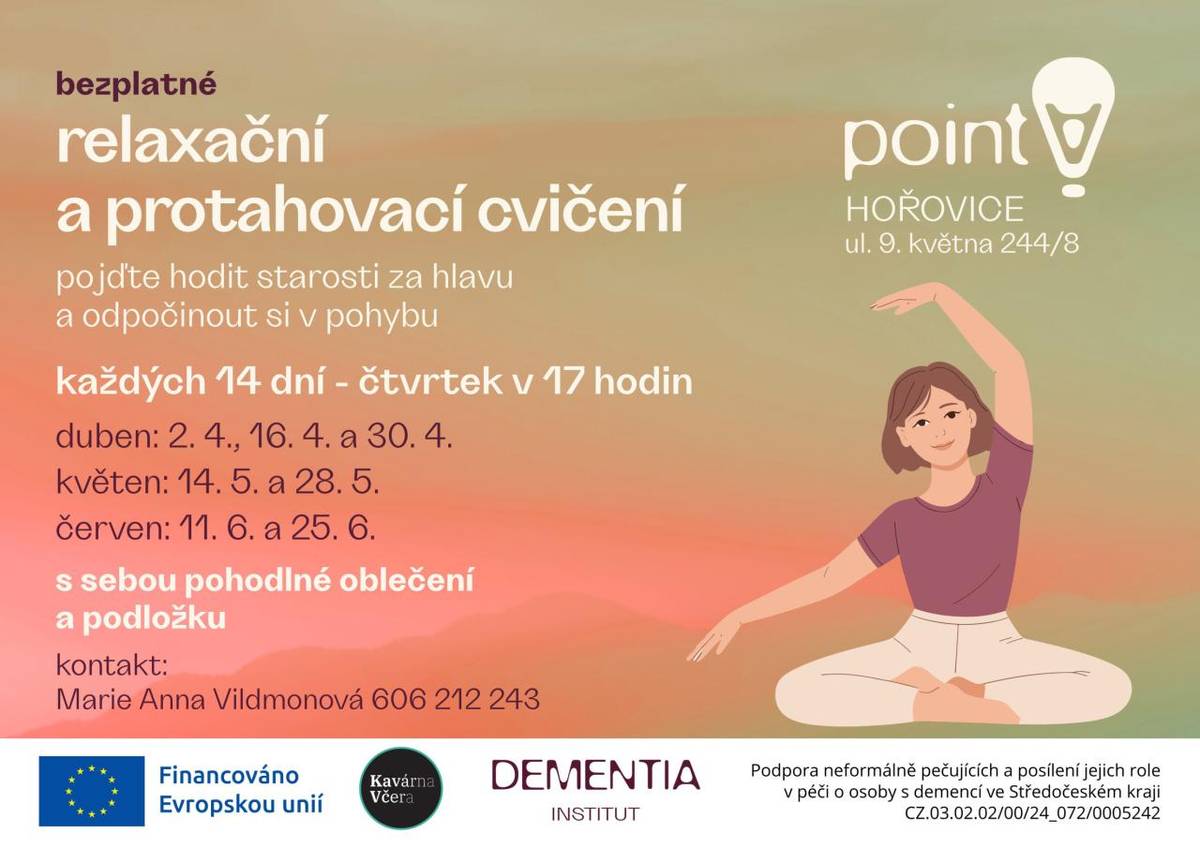 pojďte hodit starosti za hlavu a odpočinout si v pohybu  každých 14 dní - čtvrtek v 17 hodin  duben: 2. 4., 16. 4. a 30. 4.   květen: 14. 5. a 28. 5.   červen: 11. 6. a 25. 6.  s sebou pohodlné oblečení a podložku   Kontakt: Marie Anna Vildmonová 606 212 243