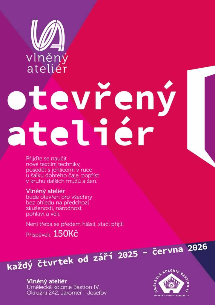 Vlněný ateliér je určen pro všechny, kteří chtějí objevovat nové techniky v textilním umění. Akce se koná každou čtvrtek od 1. září 2025 do 30. června 2026 v Umělecké kolonii Bastion IV. v Jaroměři - Josefově. Přineste si jehlice a přijďte posedět s ostatními nad šálkem čaje. Všichni jsou vítáni.