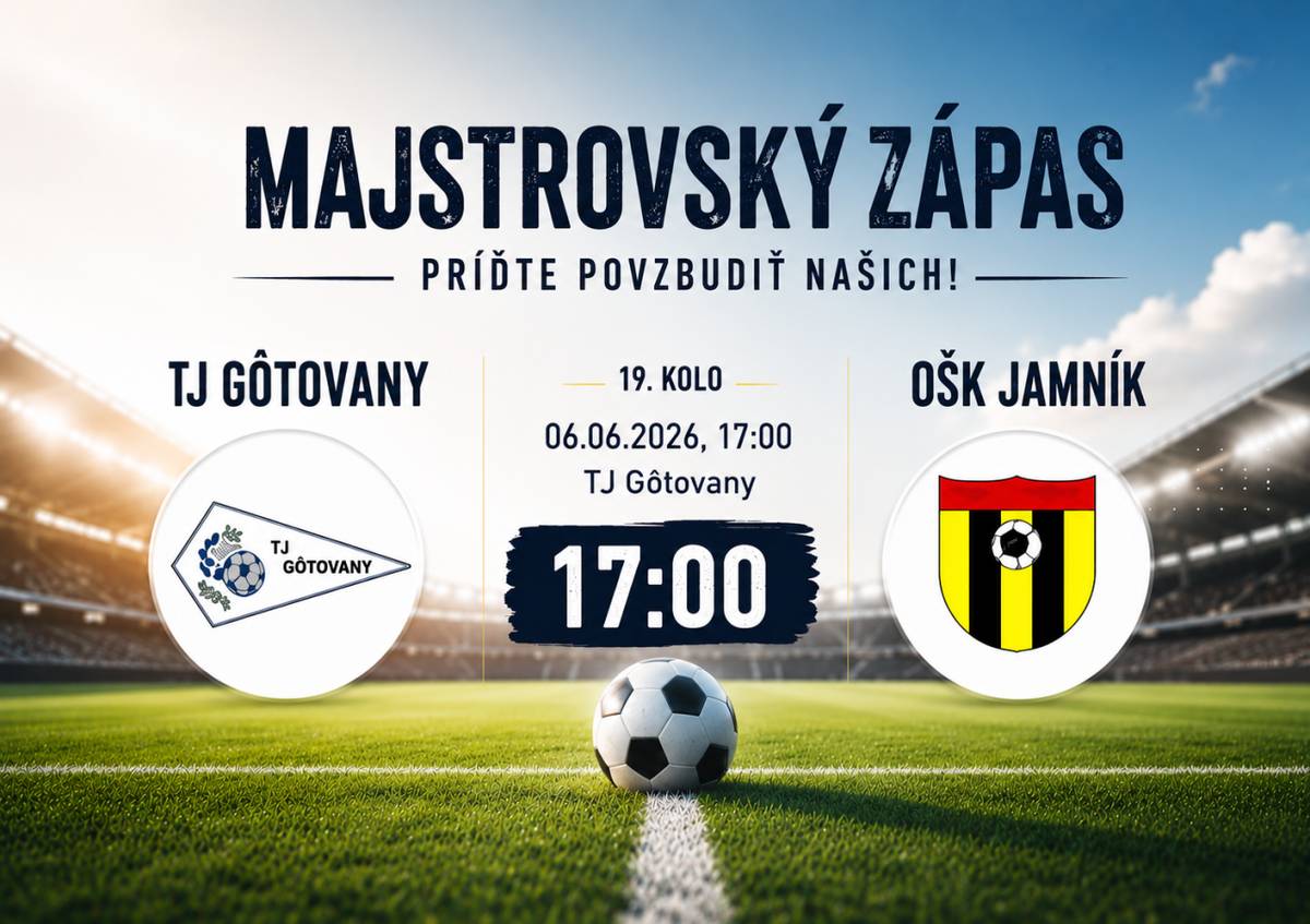 Naše futbalové mužstvo odohrá majstrovský futbalový zápas s Obecným športovým klubom Jamník v sobotu 6. júna 2026 o 17:00 na domácom ihrisku