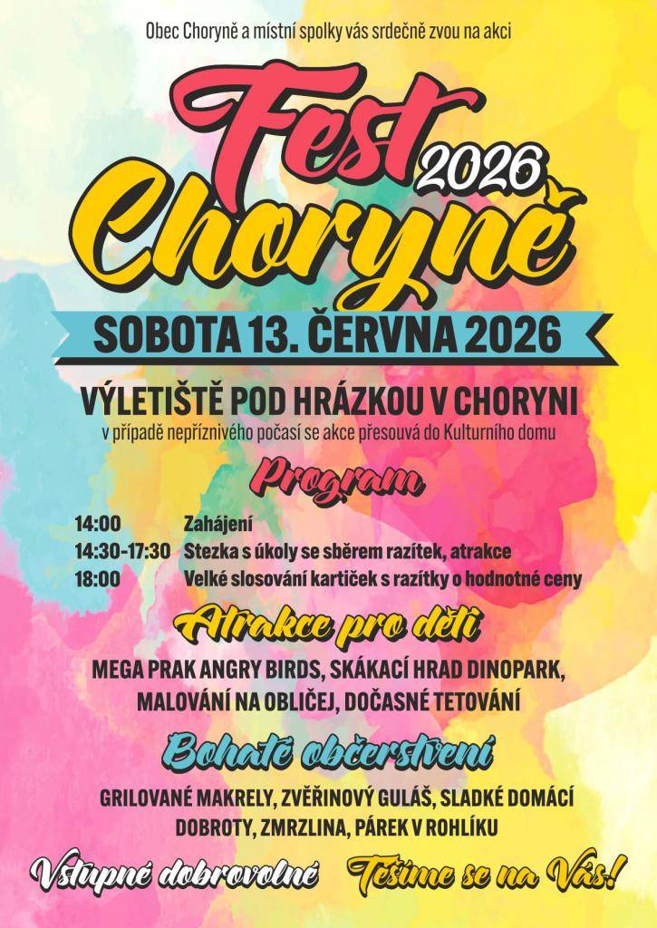 Obec Choryně a místní spolky Vás zvou na FEST CHORYNĚ 2026  zábavné rodinné odpoledne