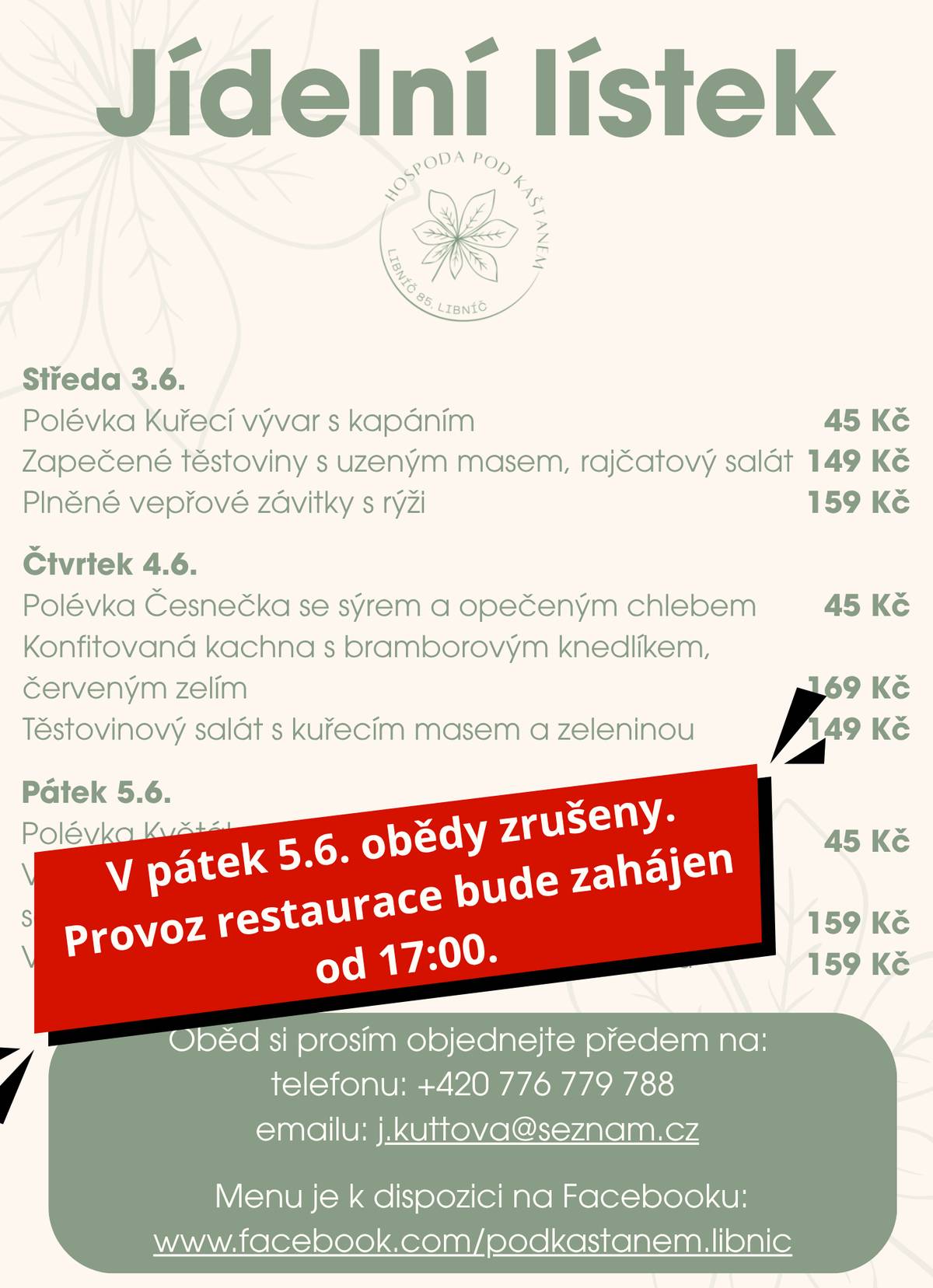 Omlouváme se ale z provozních důvodu v pátek přes obědy je hospůdka v Libníči zavřená. Otevíráme od 17:00. Děkujeme za pochopení a večer se na vás těšíme.