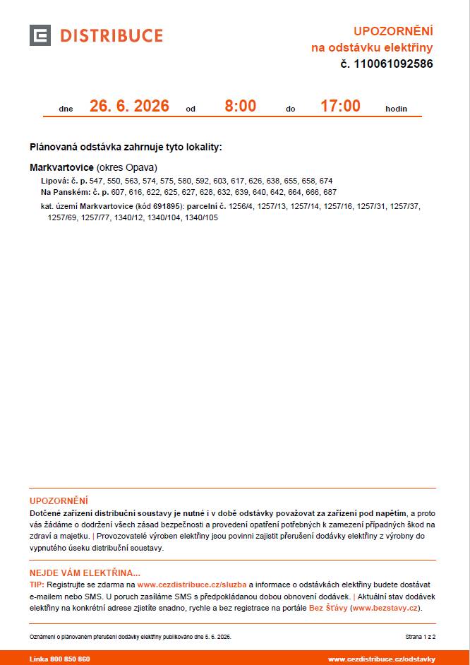 Dne 26. června 2026 proběhne plánovaná odstávka elektřiny v Markvartovicích od 8:00 do 17:00 hodin, která se bude týkat těchto lokalit (viz. příloha).
