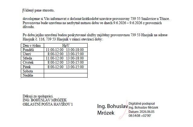 Pošta ve Smilovicích bude 9.6.2026 z provozních důvodů UZAVŘENA. Náhradní pošta Hnojník, detaily v příloze.