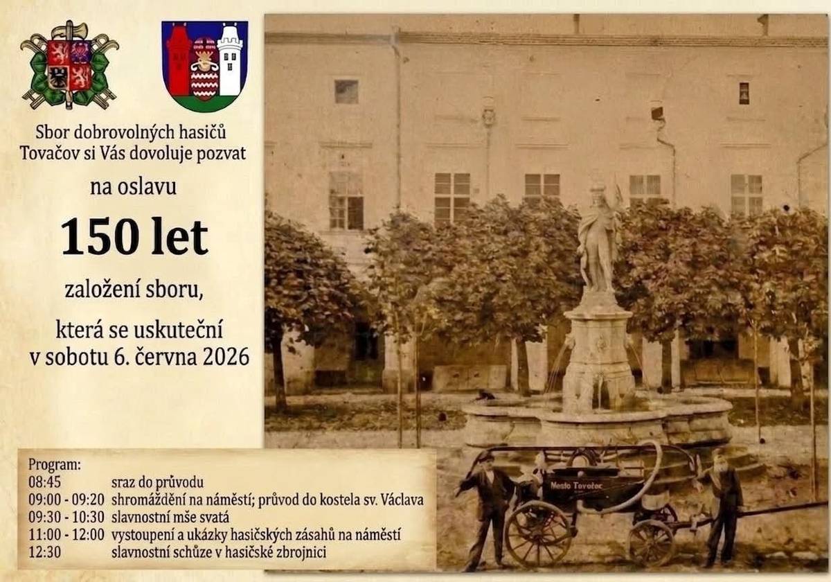 V sobotu 6.6. se uskuteční oslava 150 let založení SDH Tovačov, zahajení je v 9h průvodem z náměstí do kostela sv. Václava, od 11h vystoupení a ukázky hasič.zásahů na náměstí.