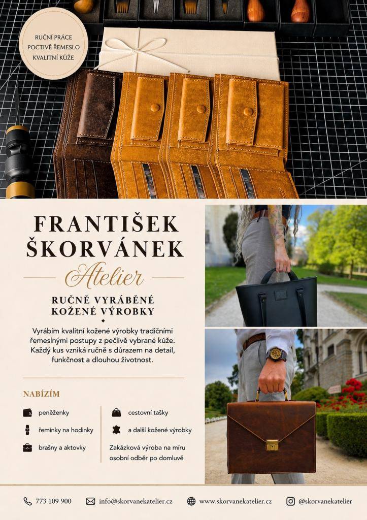Vážení občané, v příloze najdete letáček s prezentací ručně vyráběných kožených výrobků. Pan František Škorvánek ze Dřítně vyrábí kvalitní kožené výrobky s ohledem na tradici.