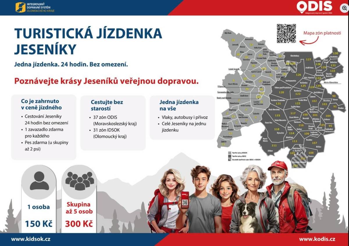 Více zážitků, více možností, ještě větší Jeseníky.  Od 14. 6. 2026, ve spolupráci s Koordinátorem ODIS, se Turistická jízdenka rozšíří o tyto zóny:  IDSOK: 3, 8, 11, 12, 14, 107  ODIS: 91, 95, 104, 237