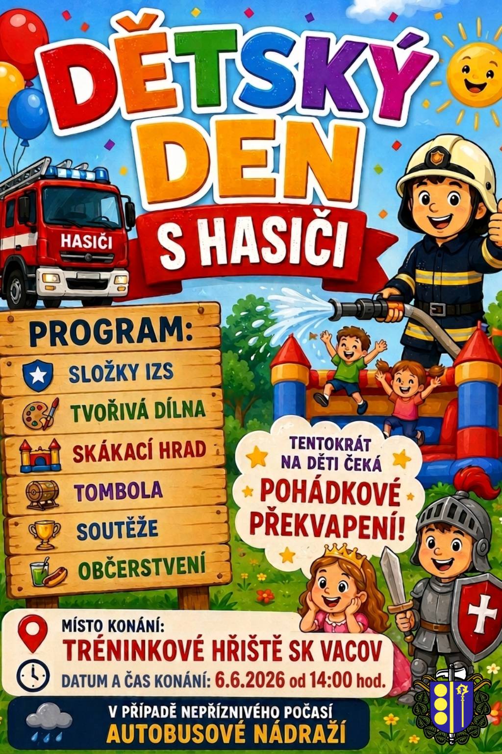 Hasiči Vacov zvou na Dětský den s hasiči, který se koná 6.6.2026 od 14 hodin na tréninkovém hřišti SK Vacov.