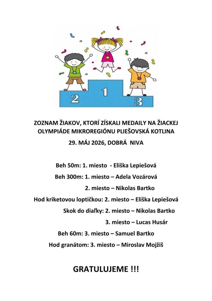 Zoznam žiakov, ktorí získali medaily na žiackej olympiáde 29.5.2026, Dobrá Niva