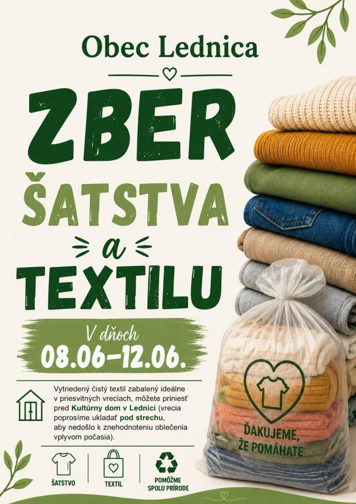 V dňoch od 08. 06. do 12.06.2026 bude prebiehať zber nepotrebného oblečenia a textilu vhodného na ďalšie použitie.