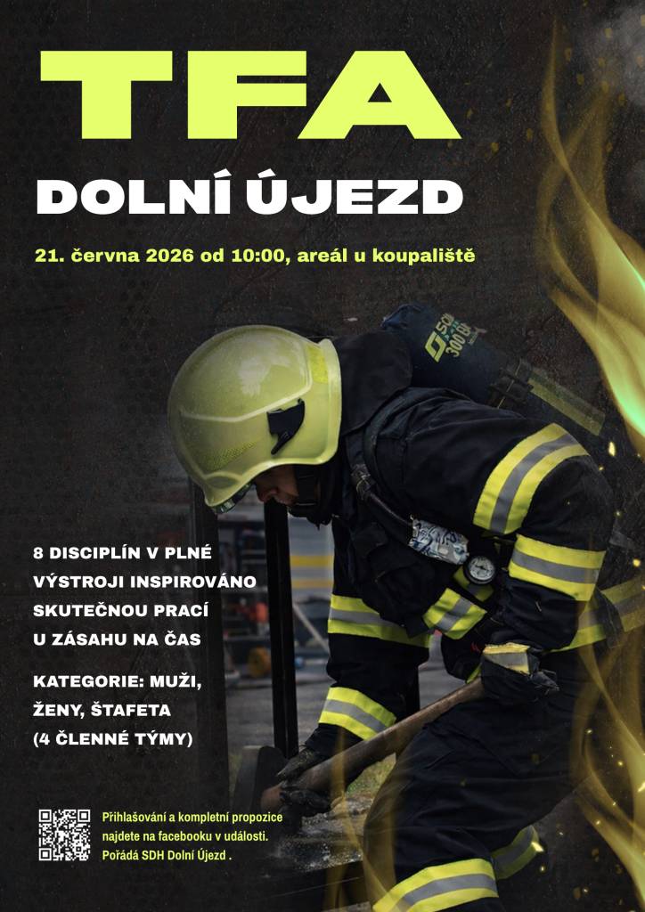 Ve dnech 21. června 2026 od 10:00 se v areálu u koupaliště v Dolním Újezdě koná soutěž dobrovolných hasičů TFA, která nabídne osm disciplín v plné zbroji. Závodit budou muži, ženy a štafetové týmy složené ze čtyř členů.
