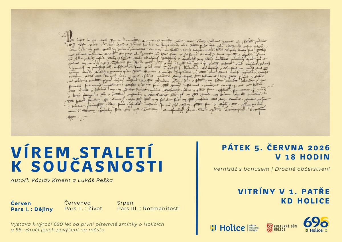 Vážení spoluobčané,   přinášíme vám přehled akcí, které nás čekají během následujících dní v Holicích a okolí:     5. června – Holice – Vírem staletí k současnosti – Kulturní dům Holice 6. a 7. června – Holice – S-Cup – Cheerleaders Spark Holice 6. června – Holice – 52. Tour de Šerlich 6. června – Dolní Ředice – Oslavy výročí 690 let obce a 120 let Základní školy Dolní Ředice 8. června – Holice – Beseda s Libuší Strakovou – Kulturní dům Holice 8. června – Holice – Malý záchranář – Rodinné a vzdělávací centrum Holoubek Holice 9. června – Holice – Canisterapie – Komunitní klub pro mládež Holice 9. června – on-line – Od pochopení k akci – Terapeutická linka Sluchátko z.ú.