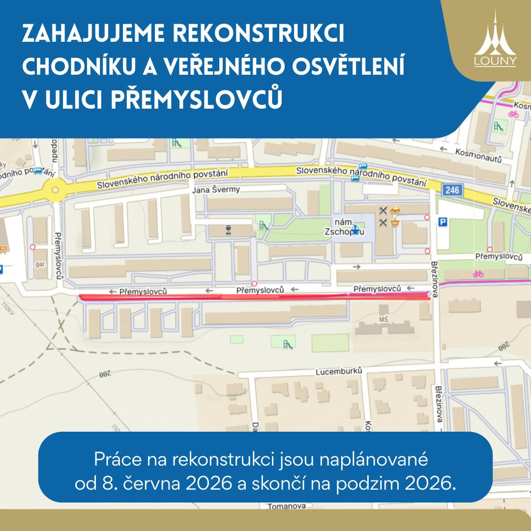 V pondělí 8. června 2026 budou zahájeny práce na rekonstrukci chodníku a veřejného osvětlení v ulici Přemyslovců. Stavební práce začnou u čp. 2035 a potrvají do podzimu letošního roku. V rámci rekonstrukce dojde k odstranění stávajícího povrchu chodníku, úpravě podloží a položení nové zámkové dlažby včetně výměny obrubníků. Součástí akce bude také modernizace veřejného osvětlení, která zahrnuje výměnu stožárů, svítidel a zemního kabelového vedení včetně souvisejících zemních prací. Prosíme obyvatele o trpělivost a respektování případných dočasných omezení v lokalitě. Děkujeme za pochopení.