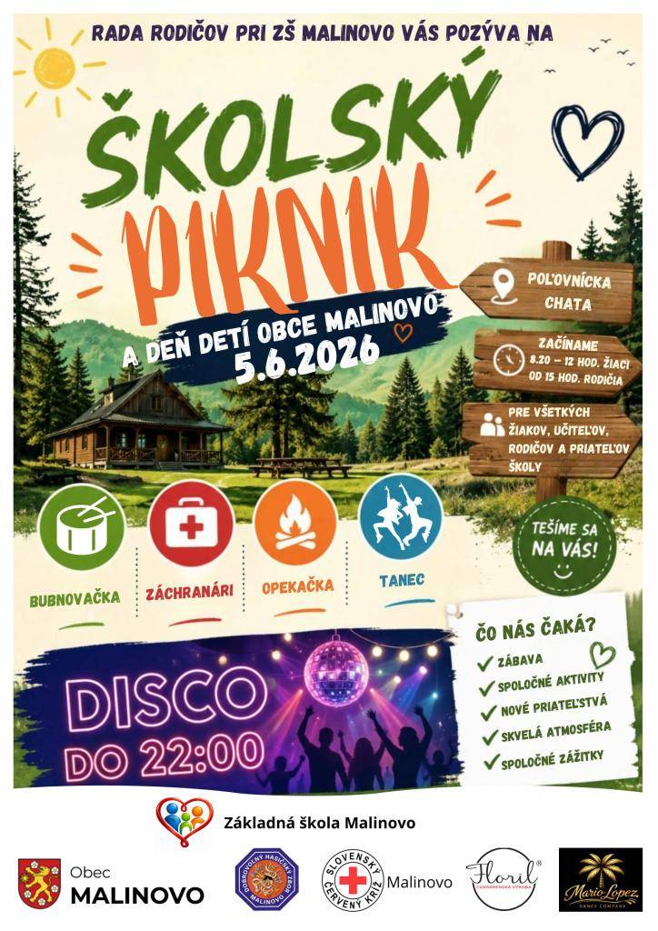 Srdečne pozývame deti (nielen zo ZŠ), rodičov, učiteľov aj obyvateľov obce na Školský piknik plný zábavy, hudby, vystúpení a skvelého programu pre deti aj dospelých. Školský piknik sa uskutoční dňa 5. júna 2026 (piatok) v čase od 15:00 hod. pri Poľovníckej chate v Malinove.